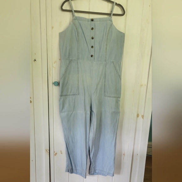 Chambray Cotton Pull-on Smocked Wide Leg Jumpsuit - Picture 1 of 10